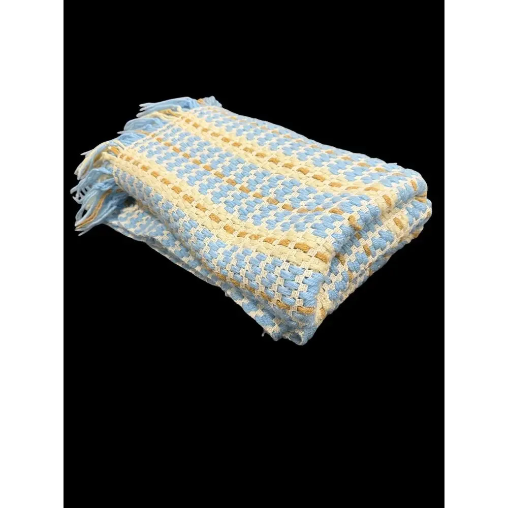 Vintage Hand Woven Afghan Throw Blanket – Baby Blue, Cream & Taupe 66” x 42”